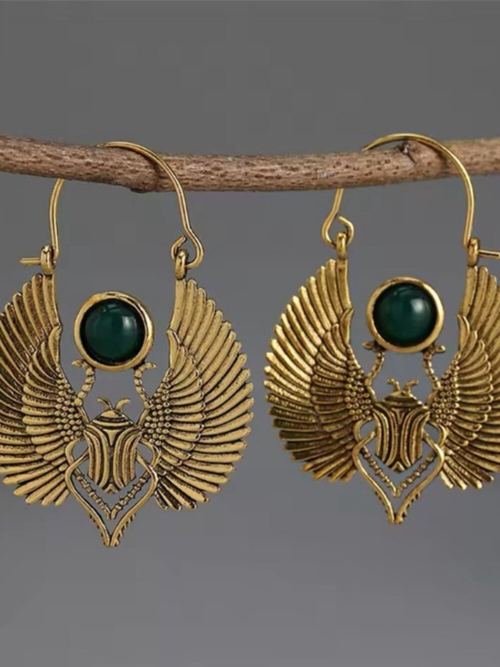 Anthropologie Minya BrassWinged Scarab Green Talisman Earrings